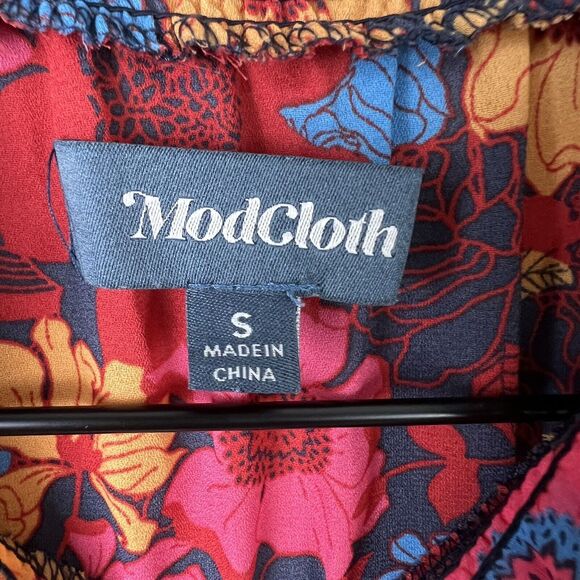 Modcloth Womens Multicolor Floral High Neck Smocked Waist A-line Dress Small - Picture 4 of 4